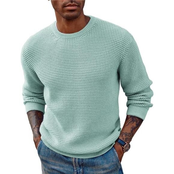 Mens Crewneck Pullover Sweater Waffle Textured Long Sleeve - Picture 1 of 5
